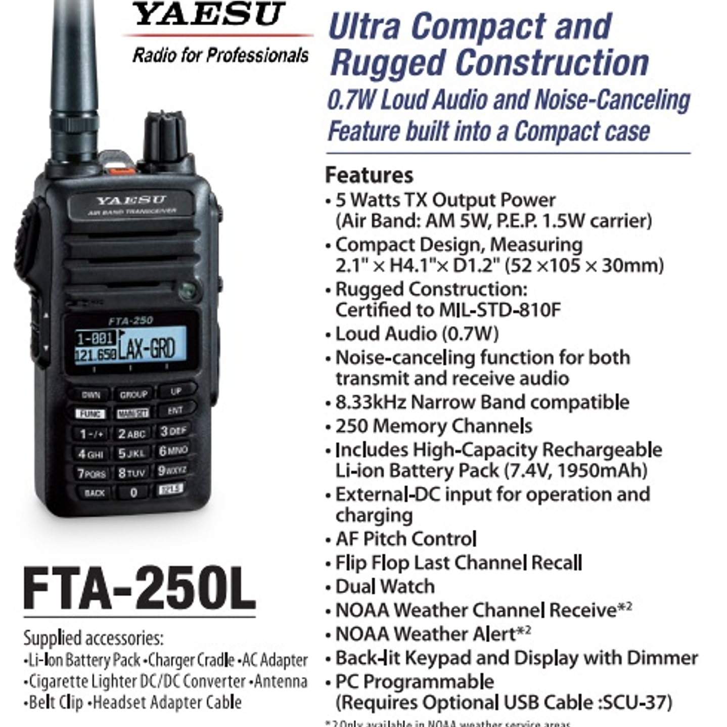 Yaesu FTA-250L 250CH 5W Radio de banda aérea Easy to Operate de Yaesu IPX5 MIL-STD-810F con cancelación de ruido Precio con iva incluido 1