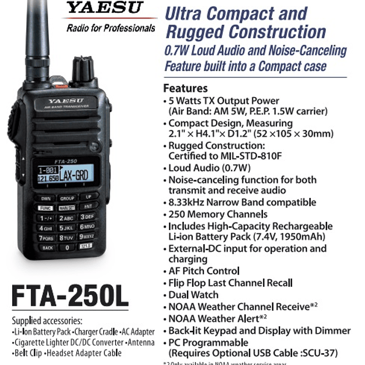 Yaesu FTA-250L 250CH 5W Radio de banda aérea Easy to Operate de Yaesu IPX5 MIL-STD-810F con cancelación de ruido Precio con iva incluido 1