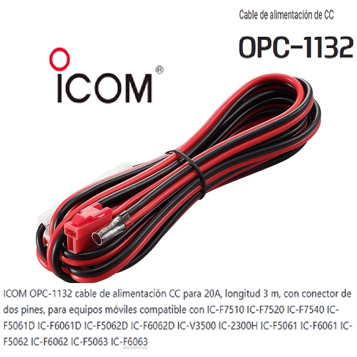 ICOM OPC-1132 Cable de alimentación CC para 20A, longitud 3 m,  con conector de dos pines, para equipos móviles Precio con iva incluido 1