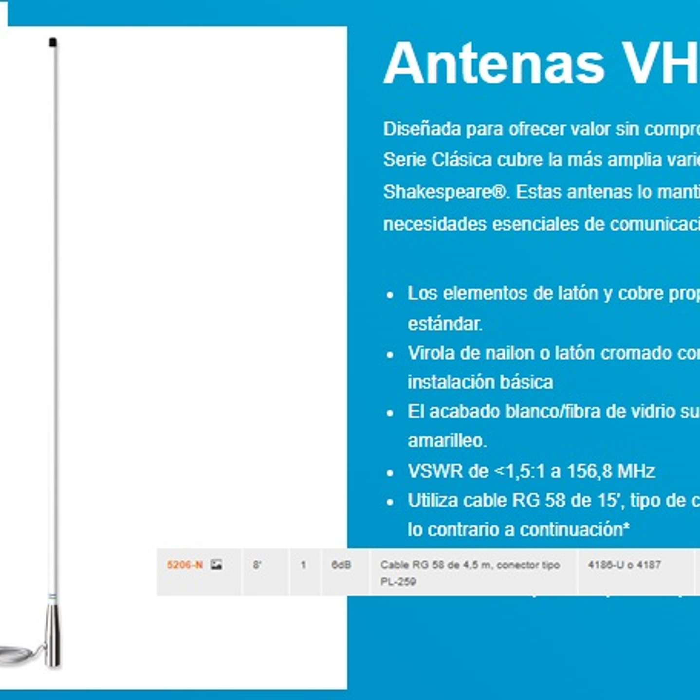  Shakespeare 5206-N Antena Marina Classic VHF Altura 2,44m 1 sección 6dB Cable RG 58 de 4,5m, conector tipo PL-259 50W (A pedido por importación 10-12 semanas) Precio con iva incluido 1
