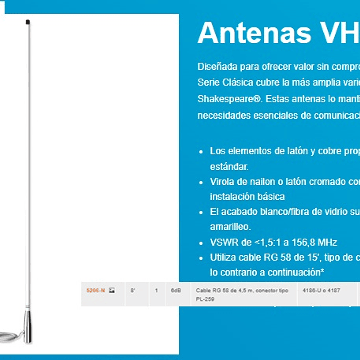  Shakespeare 5206-N Antena Marina Classic VHF Altura 2,44m 1 sección 6dB Cable RG 58 de 4,5m, conector tipo PL-259 50W (A pedido por importación 10-12 semanas) Precio con iva incluido 1