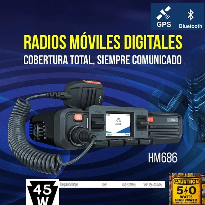 Hytera HM686H VHF 136-174MHz 512CH DMR Tier II Analogico 45W Radio móvil digital profesional High Power 5/45/50W GPS Bluetooth  LCD screen Precio con iva incluido 1