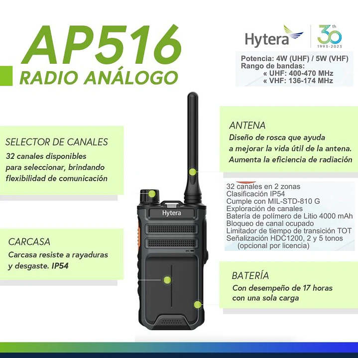 Hytera AP516 UHF1 400-470 MHz 32CH Análogo 4W Radio portátil sin pantalla eficiencia para tu empresa Precio con iva incluido 1