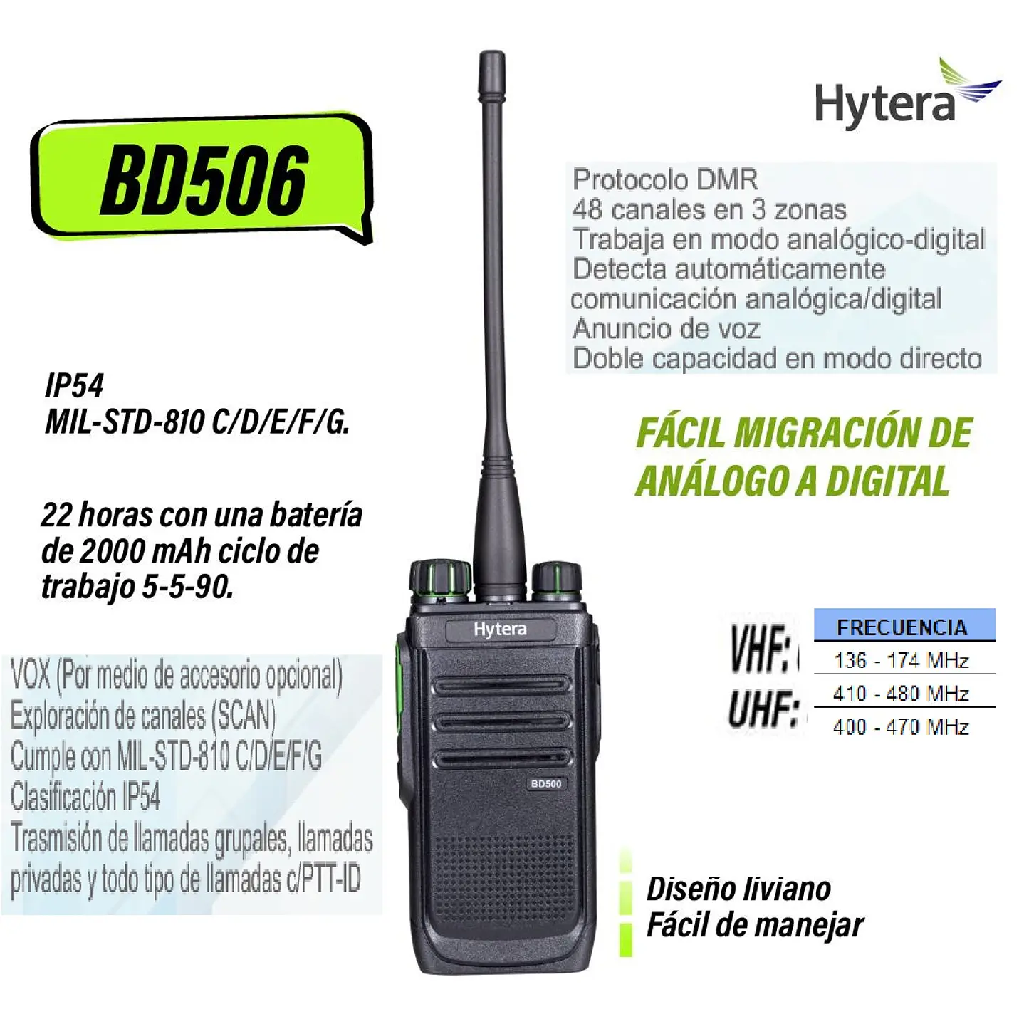 Hytera BD506 VHF 136-174 MHz 48 CH Digital DMR y Analogico 5W Radio sin pantalla con cancelación de ruido, de gran ganancia en cobertura de distancia Precio con iva incluido 1