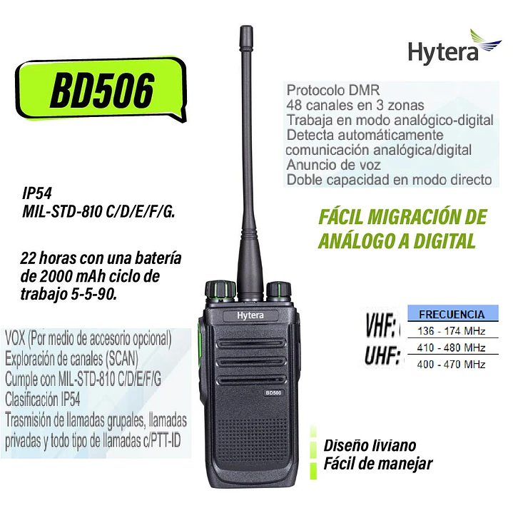 Hytera BD506 VHF 136-174 MHz 48 CH Digital DMR y Analogico 5W Radio sin pantalla con cancelación de ruido, de gran ganancia en cobertura de distancia Precio con iva incluido 1