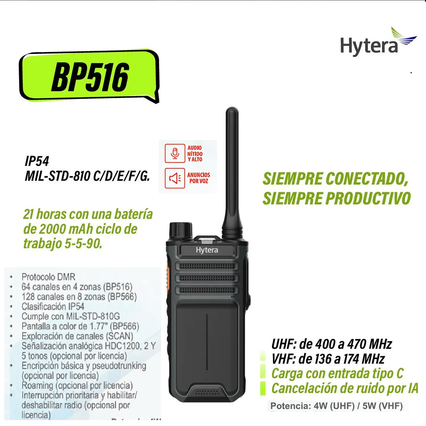 Hytera BP516 UHF1 400-470 MHz 64CH DMR Tier II  4W Radio Portátil Digital Comercial DMR Tier II y análogo sin pantalla Precio con iva incluido 1