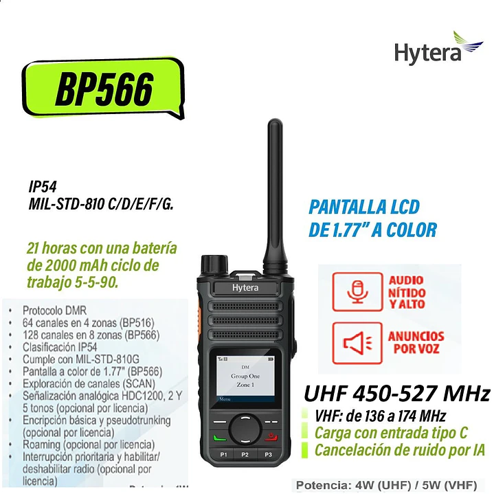 Hytera BP566 VHF 136-174 MHz 256CH DMR Análogo 5W Radio Digital DMR y Analogico con pantalla, robusto cancelacion de ruido y excelente cobertura Precio con iva incluido 1