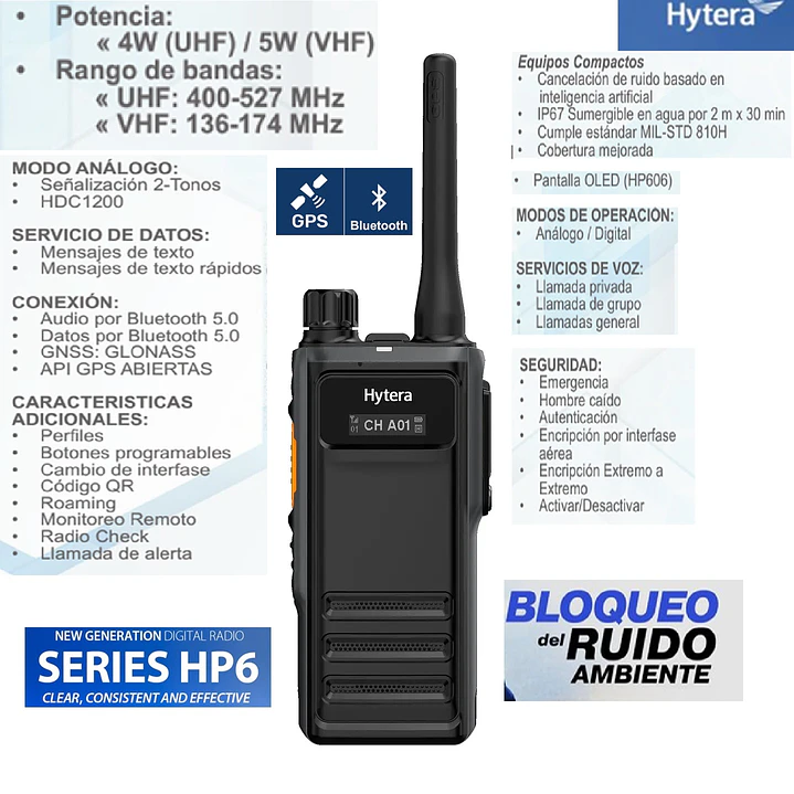 Hytera HP606 UHF1-2 400-527 MHz 1024CH DMR Tier II 4W Radio digital y análogo con GPS, Bluetooth, Man down con pantalla OLED Precio con iva incluido 1