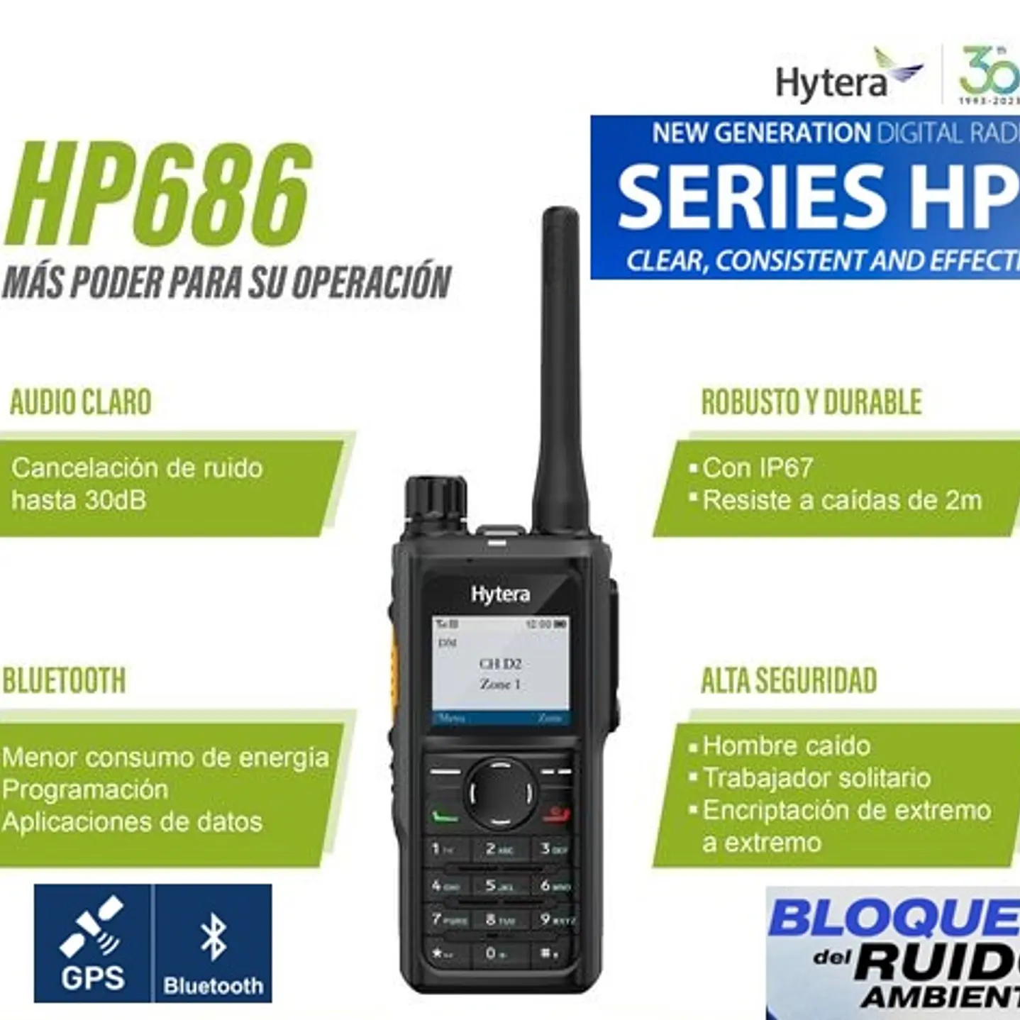 Hytera HP686 VHF 136-174 Mhz 1024CH DMR y Analogico 5W Radio Digital Analogico con Man- down, GPS, Bluetooth y pantalla LCD Precio con iva incluido 1