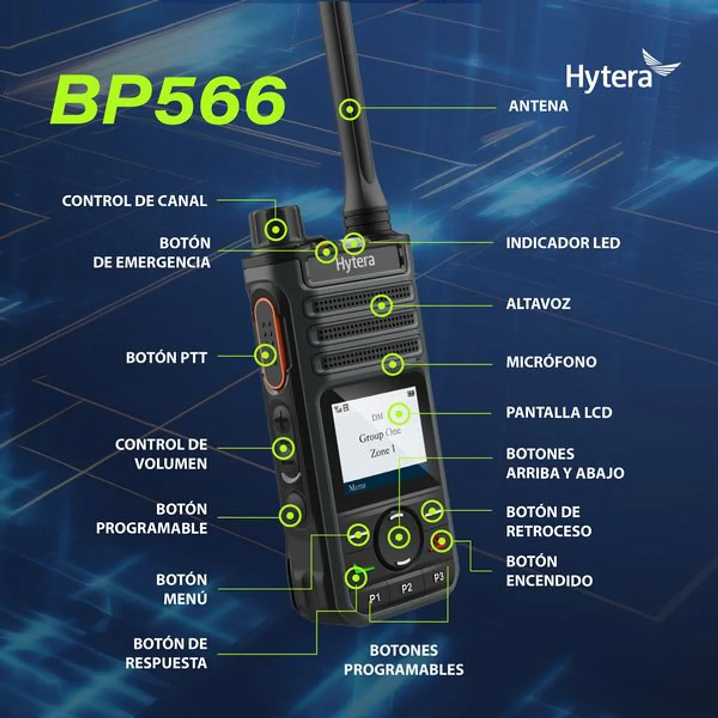 Hytera BP566 Bluetooth VHF 136-174 MHz 256CH DMR Análogo 5W Radio Digital DMR y Analogico con pantalla, robusto cancelacion de ruido y excelente cobertura Precio con iva incluido 2