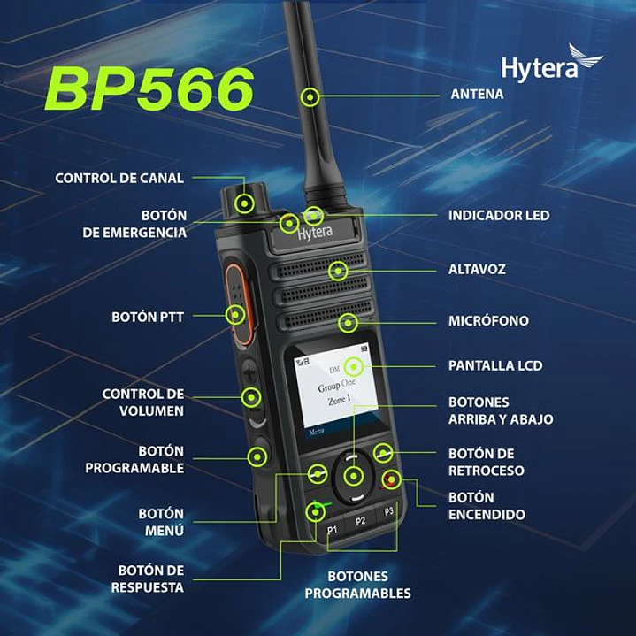 Hytera BP566 Bluetooth VHF 136-174 MHz 256CH DMR Análogo 5W Radio Digital DMR y Analogico con pantalla, robusto cancelacion de ruido y excelente cobertura Precio con iva incluido 2