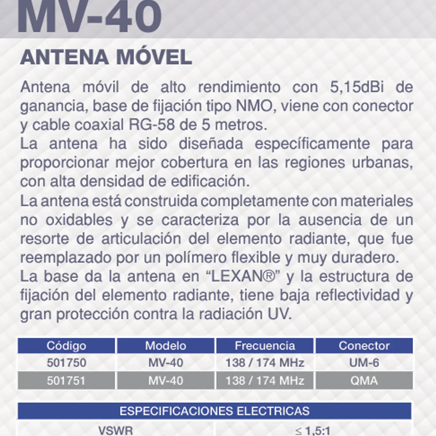 ARS MV-40 Antena movil VHF 138-174 MHz, 3dB. Incluye Montaje perforado de 3/4 con 5 mts de cable coaxial RG-58/U y conector PL-259 Precio con iva incluido 7