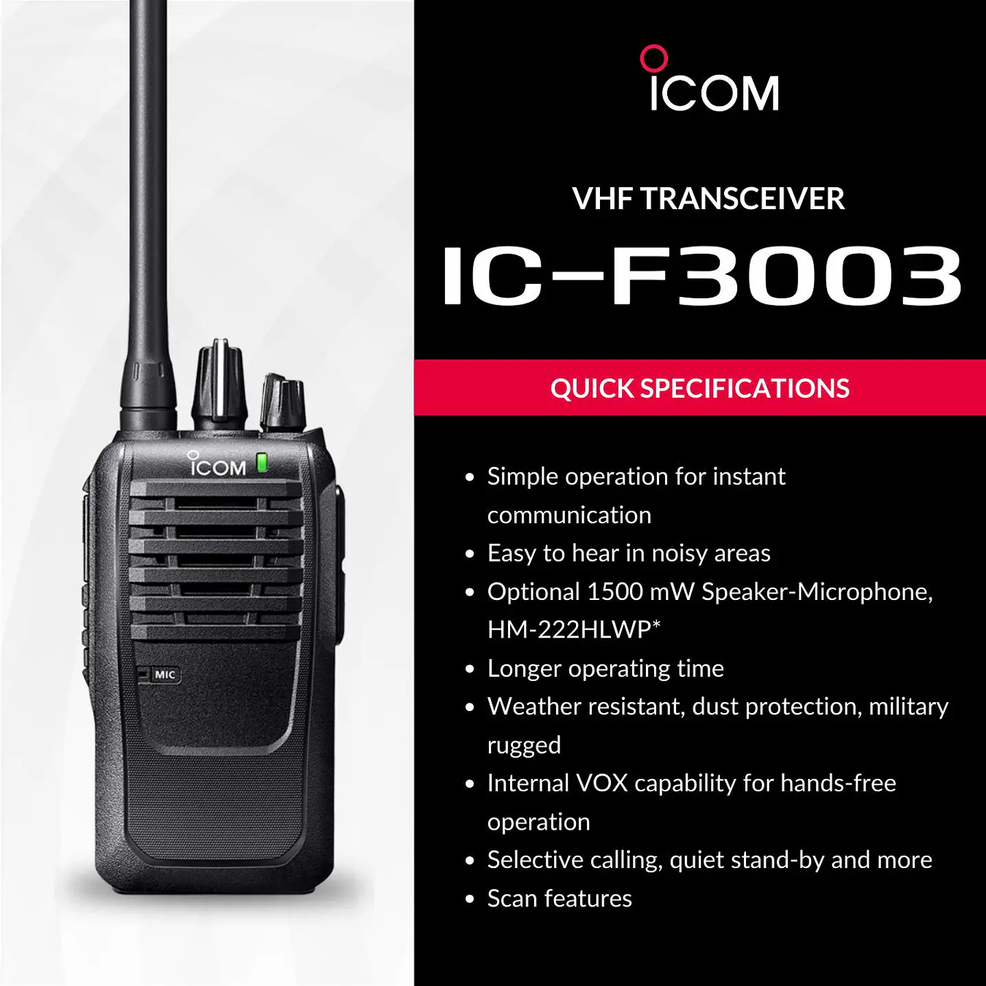 10 unidades ICOM IC-F3003 VHF 136MHz–174 MHz 16CH Analogico 5W Radio Analogica IP54 y MIL-STD-810, Lone Worker Made in Japan Precio con iva incluido 1