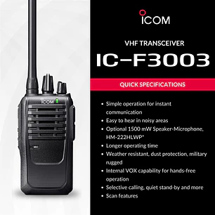 10 unidades ICOM IC-F3003 VHF 136MHz–174 MHz 16CH Analogico 5W Radio Analogica IP54 y MIL-STD-810, Lone Worker Made in Japan Precio con iva incluido