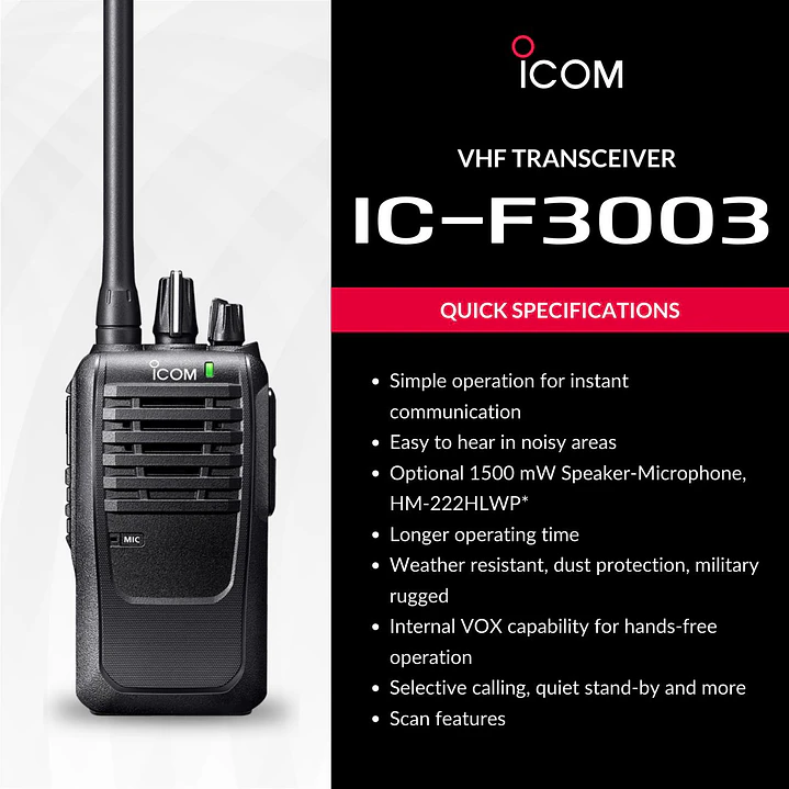 10 unidades ICOM IC-F3003 VHF 136MHz–174 MHz 16CH Analogico 5W Radio Analogica IP54 y MIL-STD-810, Lone Worker Made in Japan Precio con iva incluido 1