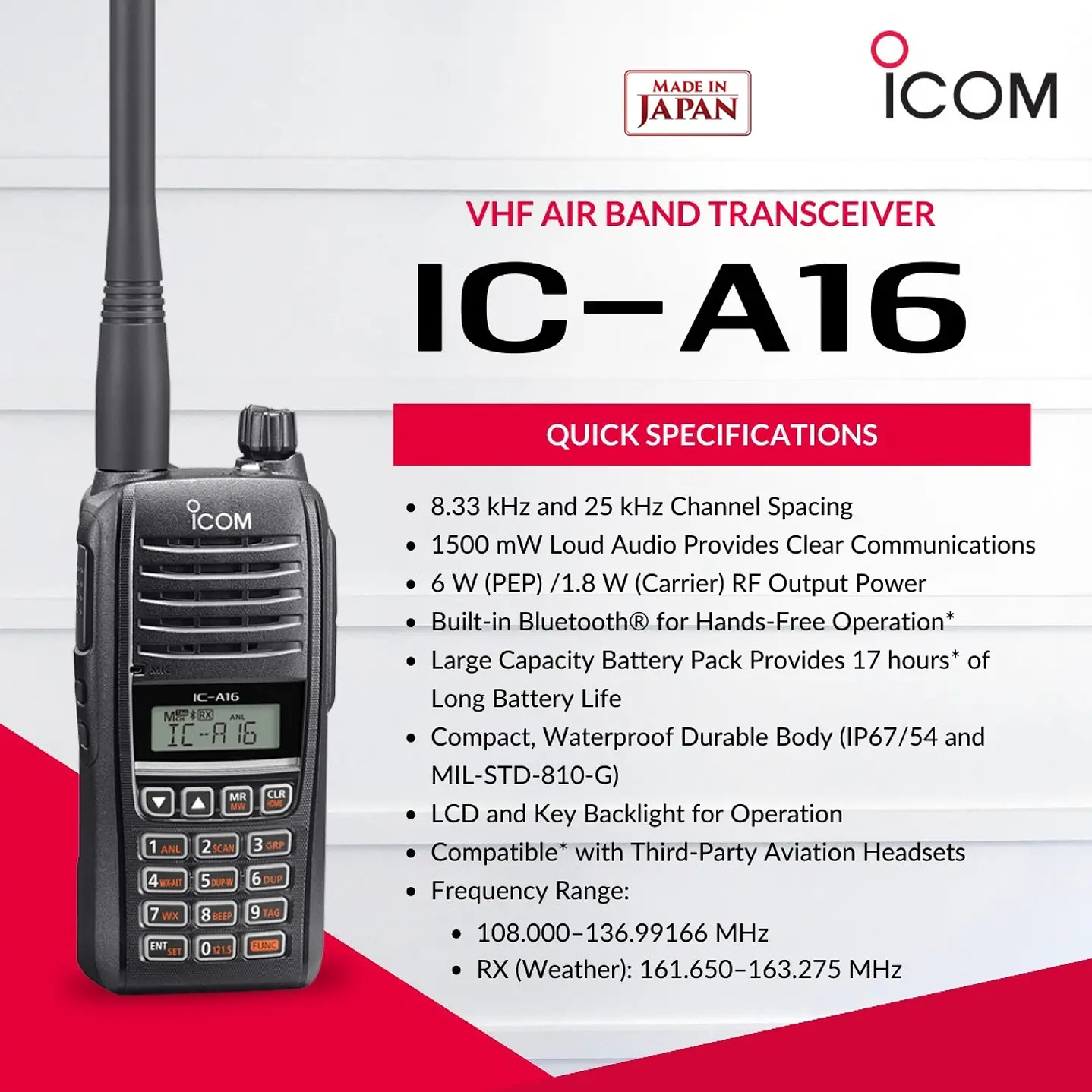 ICOM IC-A16 61 USA (Standard version, Sin Bluetooth) 200CH Memoria 6W Radio Banda Aerea VHF 108-136,99166 MHz de 8,33/25 kHz Audio 1500 mW, IP67, MIL-STD-810-G, NOAA Alert Precio con iva incluido 1
