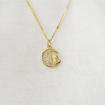 CADENA DIJE VIRGEN GUADALUPE MEDIALUNA BRILLANTE