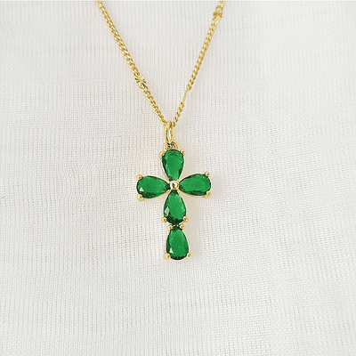 CADENA CRUZ LAGRIMA VERDE