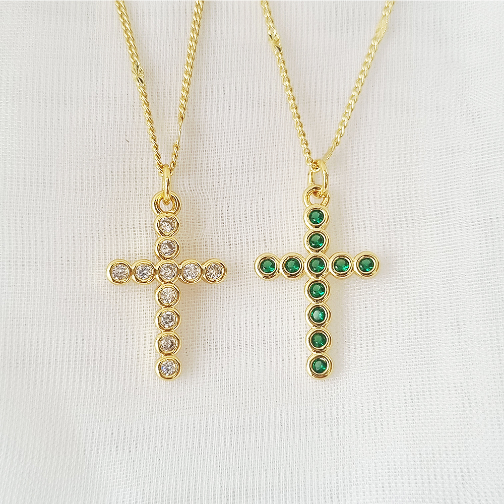 CADENA CRUZ BOLITAS VERDES BRILLANTES