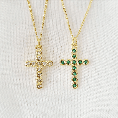 CADENA CRUZ BOLITAS VERDES BRILLANTES