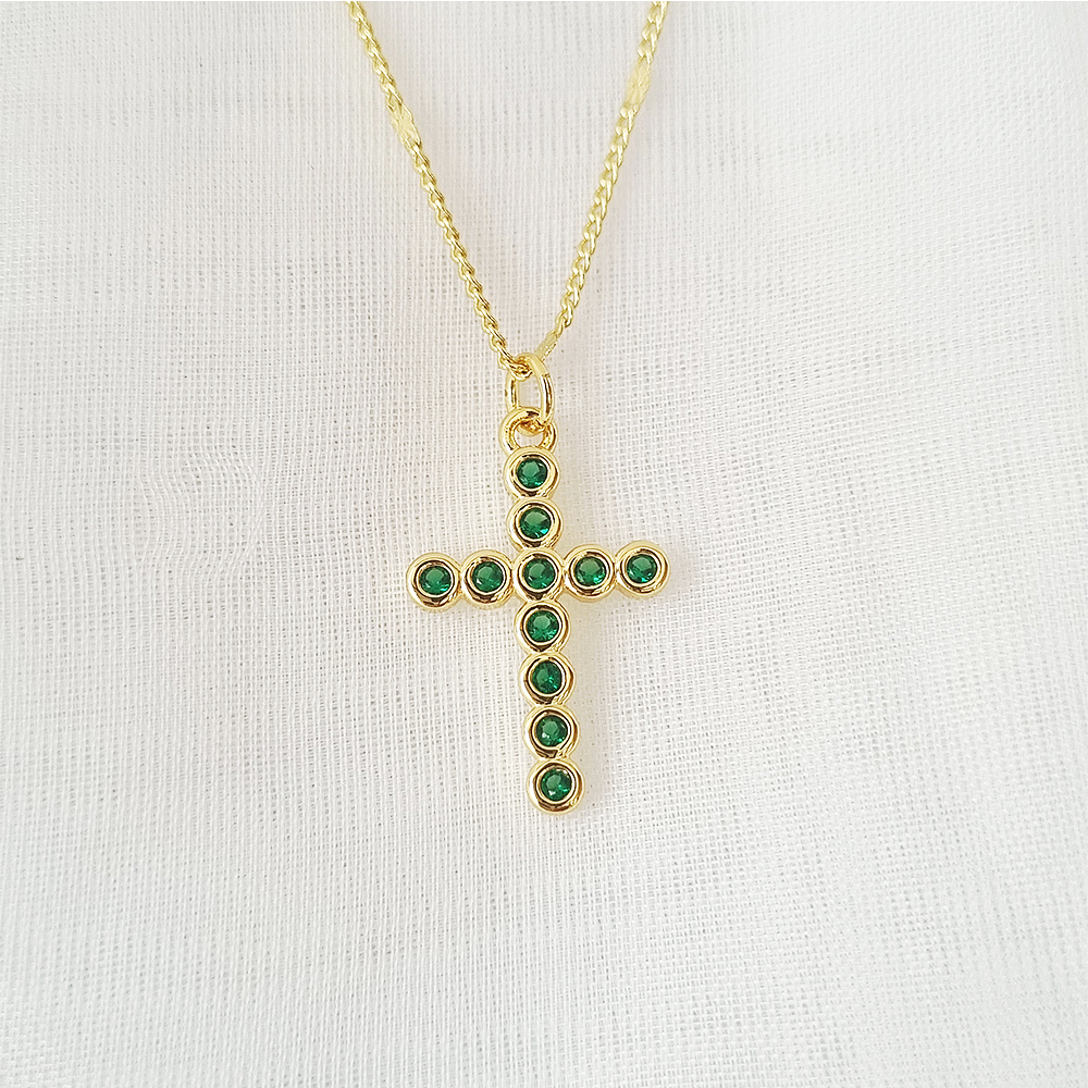 CADENA CRUZ BOLITAS VERDES BRILLANTES