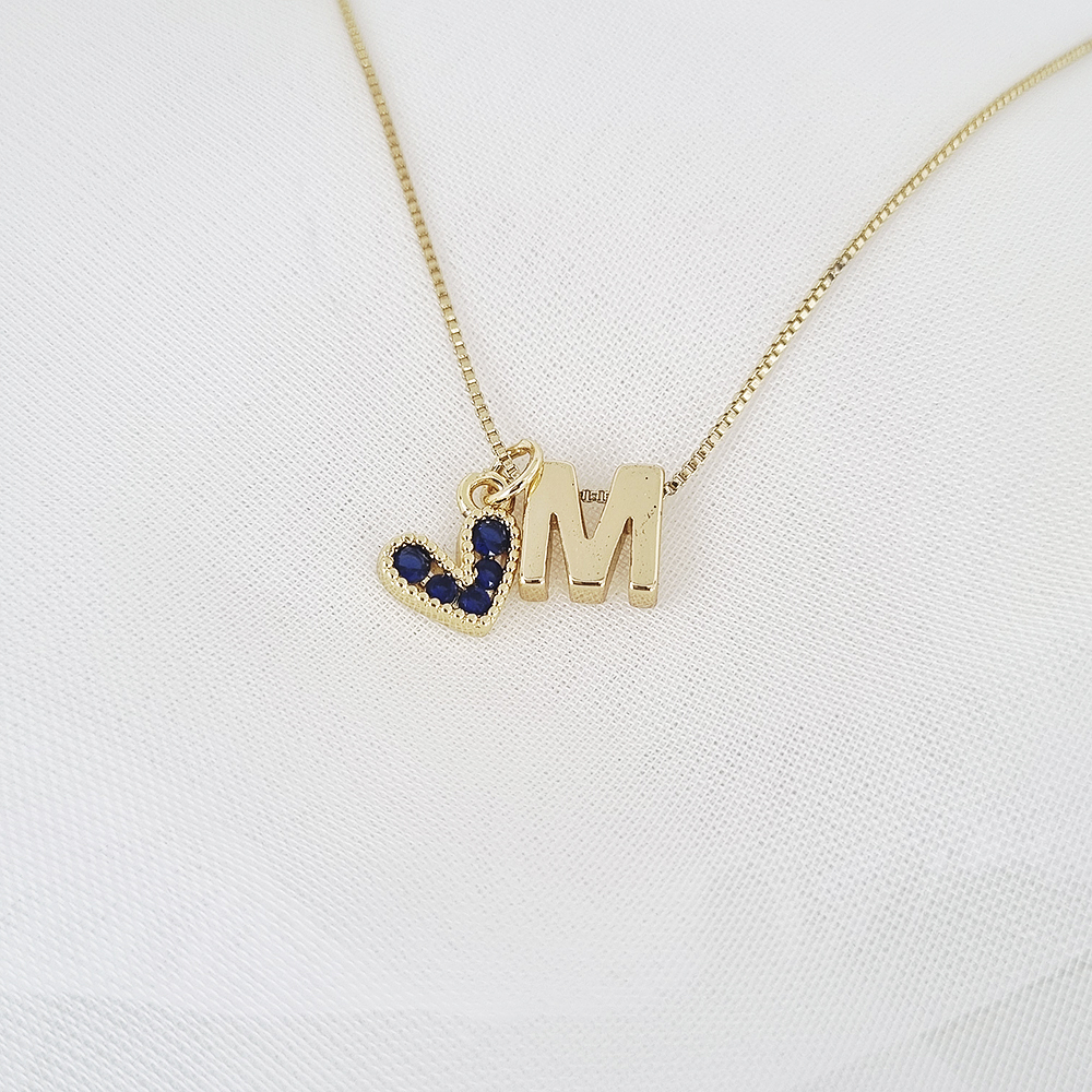 CADENA 1LETRA DORADA & CORAZON AMORE AZUL