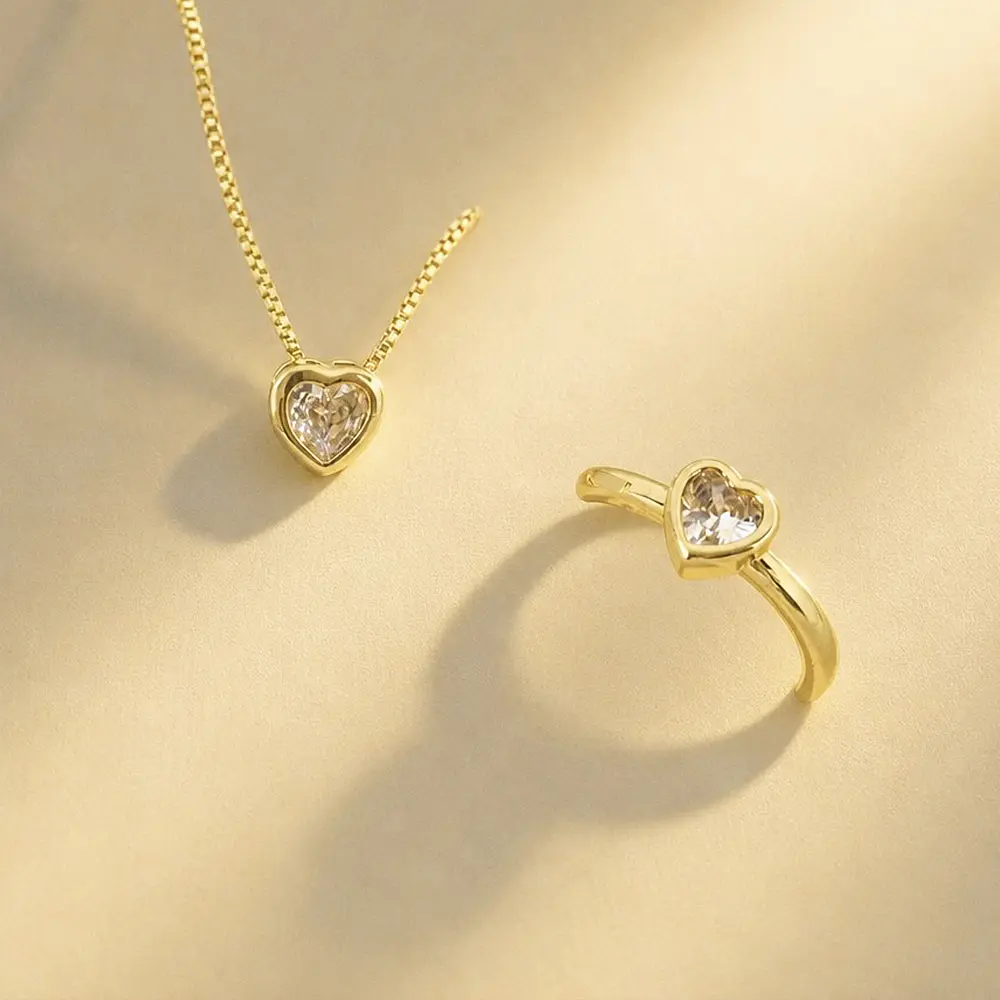 GRATIS LETRA✨ SET CADENA Y SORTIJA CORAZON SOLITAIRE BRILLANTE