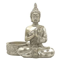 Porta Vela de Buda Meditando en Color Plata de Poliresina - Serenidad Iluminada
