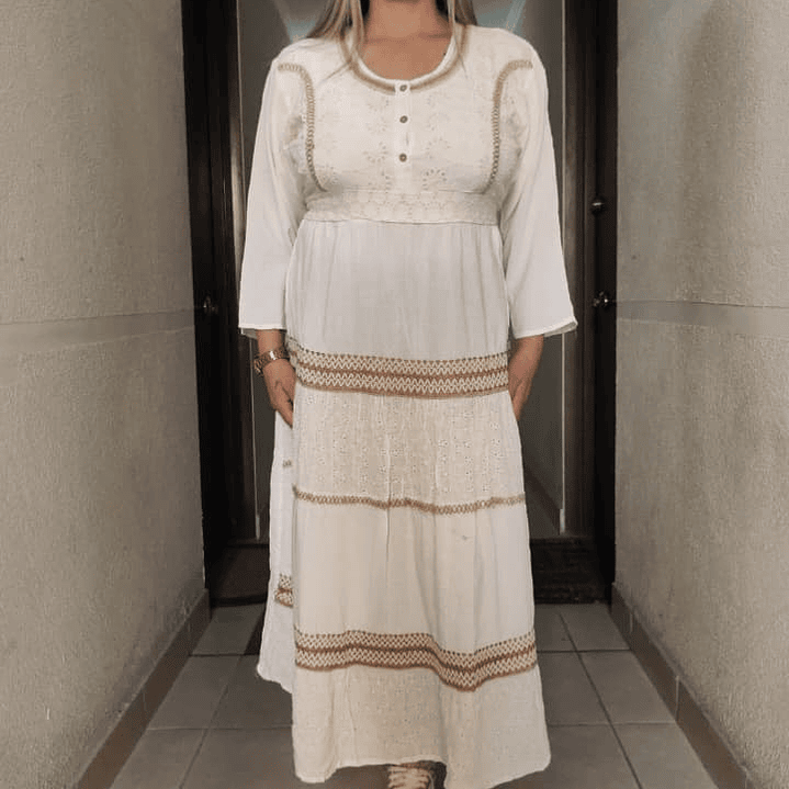 Vestido Largo de algodón Blanco Con Encajes  1