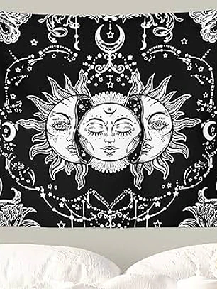 Tapiz de sol y luna blanco y negro con detalles dorados 74cm x 96cm 