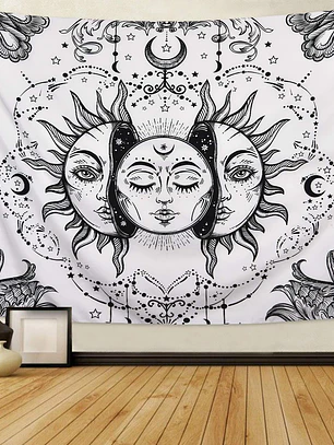 Tapiz de sol y luna blanco y negro con detalles dorados 74cm x 96cm 