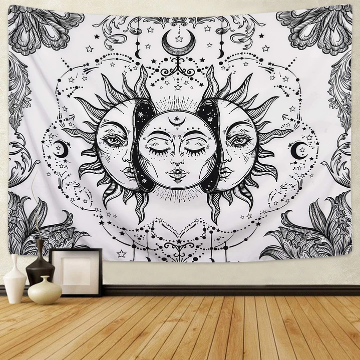 Tapiz de sol y luna blanco y negro con detalles dorados 74cm x 96cm  2
