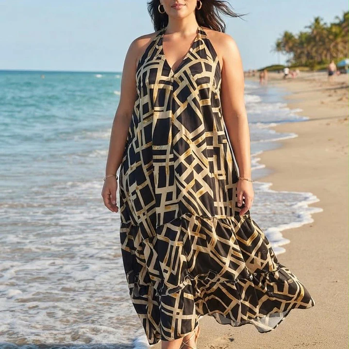 Vestido Largo Halter de Seda con Estampado Dorado - Hecho en India 5