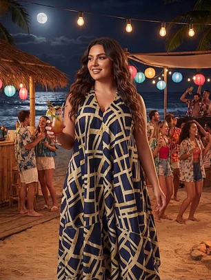 Vestido Largo Halter de Seda con Estampado Dorado - Hecho en India