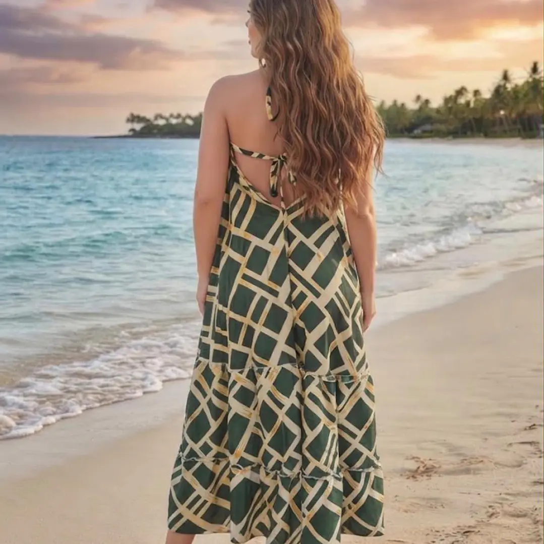 Vestido Largo Halter de Seda con Estampado Dorado - Hecho en India 3