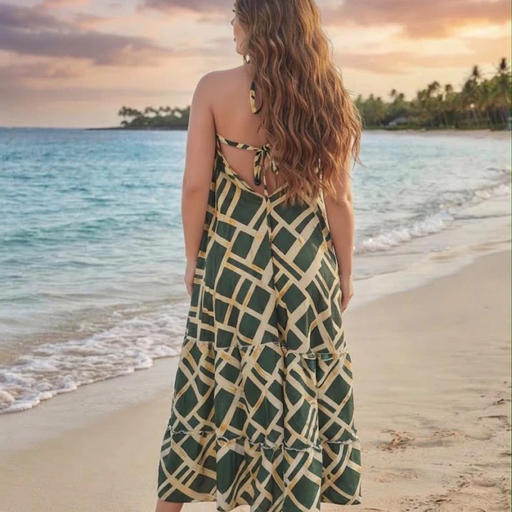 Vestido Largo Halter de Seda con Estampado Dorado - Hecho en India 3