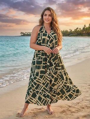 Vestido Largo Halter de Seda con Estampado Dorado - Hecho en India