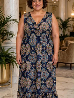 Vestido Largo de Georgette con Estampado Oriental