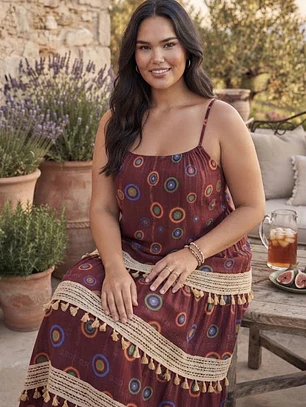 Elegancia Boho – Vestido Maxi de Lúrex de Tirantes con Trabajo de Yute y Encaje