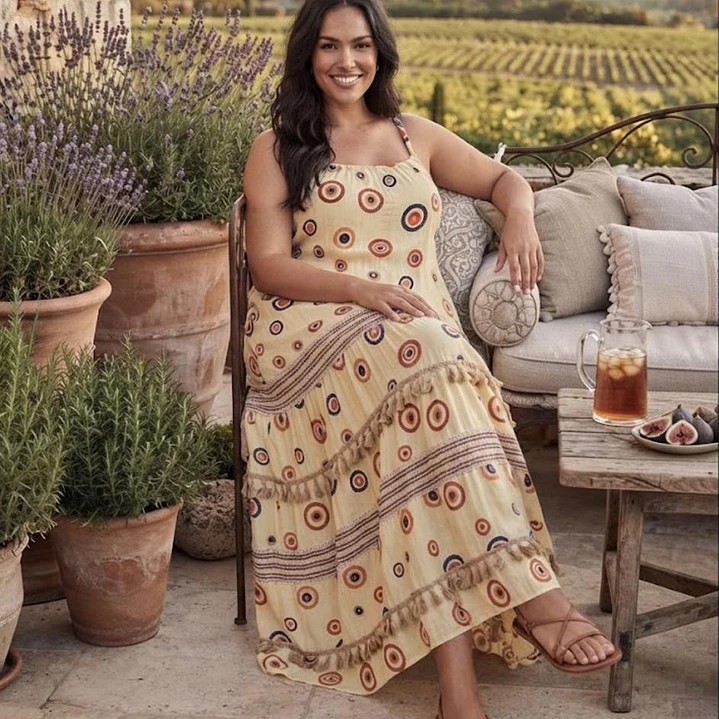 Elegancia Boho – Vestido Maxi de Lúrex de Tirantes con Trabajo de Yute y Encaje 1