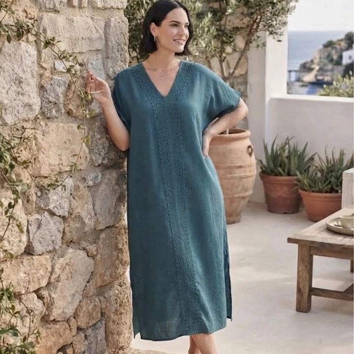Tunica Largo de Lino con Bordado Artesanal - Hecho en India 9