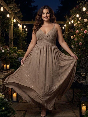 Vestido Maxidress Lurex con Tirantes y Escote de Encaje – Talla Única (Hecho de India)