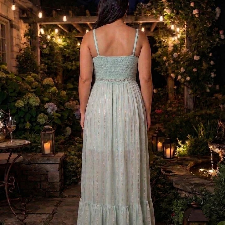 Vestido Maxidress Lurex con Tirantes y Escote de Encaje – Talla Única (Hecho de India) 6