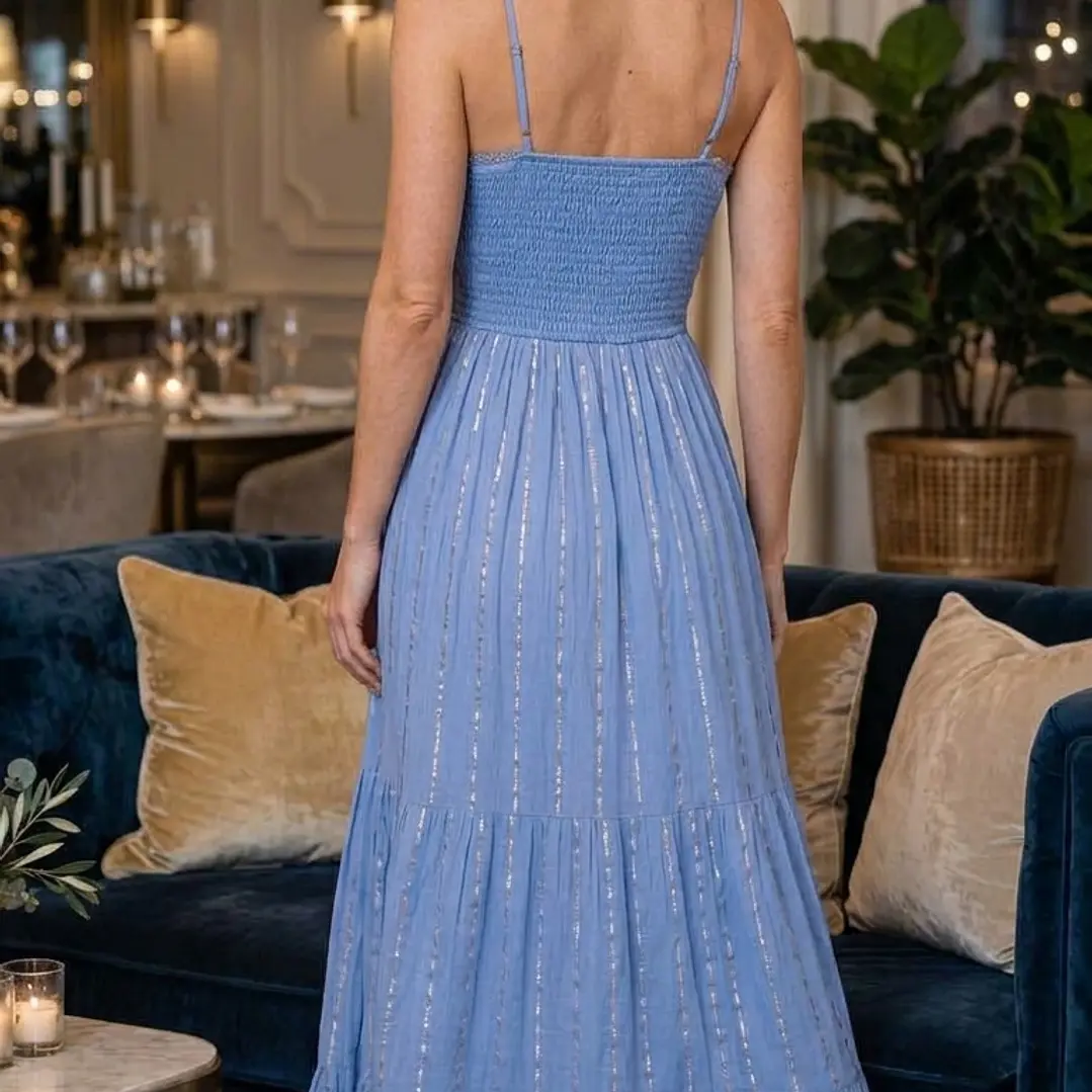 Vestido Maxidress Lurex con Tirantes y Escote de Encaje – Talla Única (Hecho de India) 9