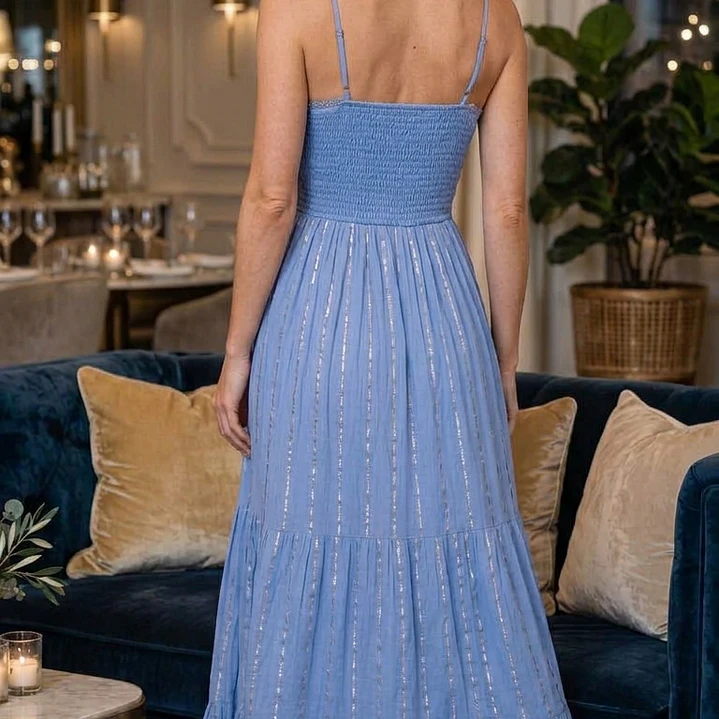 Vestido Maxidress Lurex con Tirantes y Escote de Encaje – Talla Única (Hecho de India) 9