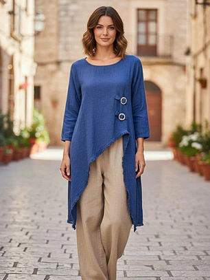 Blusa de Lino Asimétrica con Botones Decorativos