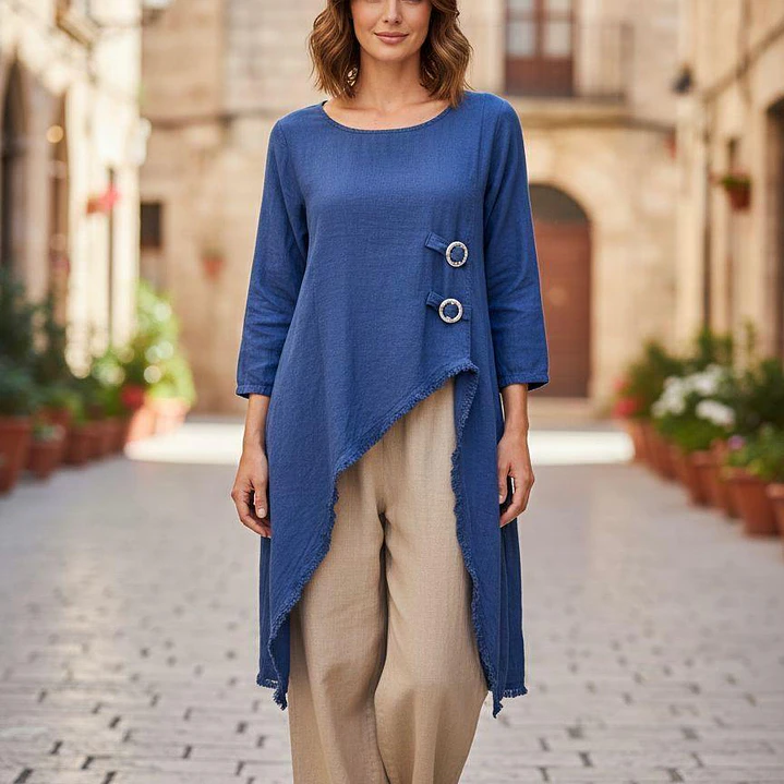 Blusa de Lino Asimétrica con Botones Decorativos 1