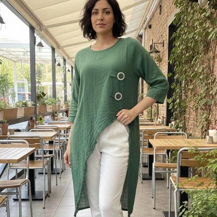 Blusa de Lino Asimétrica con Botones Decorativos 3