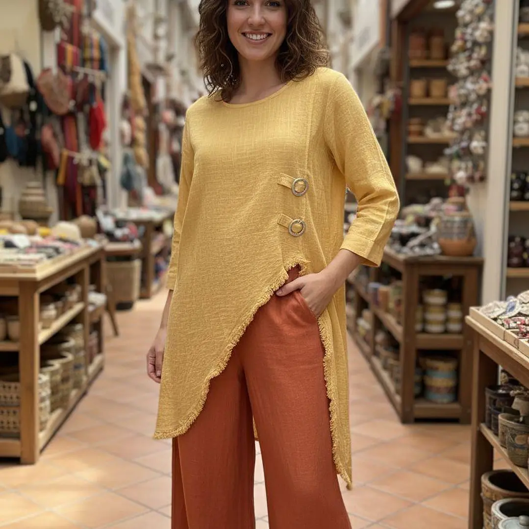 Blusa de Lino Asimétrica con Botones Decorativos 6