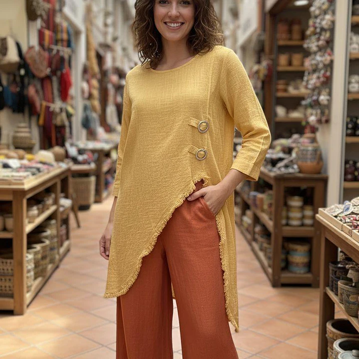 Blusa de Lino Asimétrica con Botones Decorativos 6